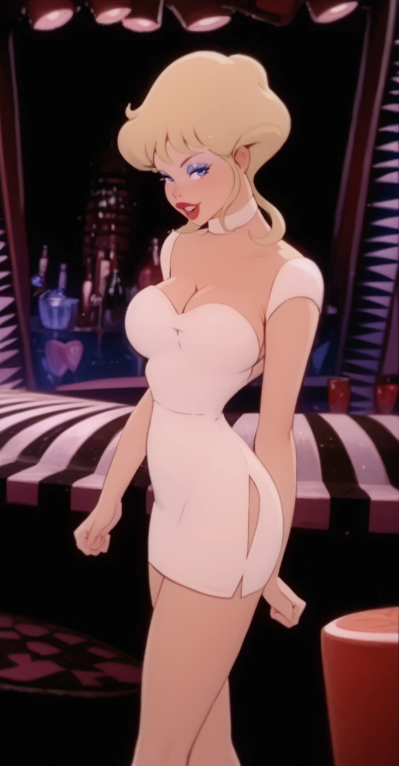 score_9, score_8_up, score_7_up,score_6_up, score_5_up, score_4_up , large breasts, 1girl, solo, HolliW, holliw,cigarette ,cigarette on hand,smoke,makeup, blonde hair, bangs, side locks, thick eyebrows, hair between eyes, makeup, White Dress, White leotard, see-through, white choker, thigh boots, breasts apart, sitting,crossed legs, bar \(place\), neon lights, light particles, annoyed, half-closed eyes, dim_lighting,
