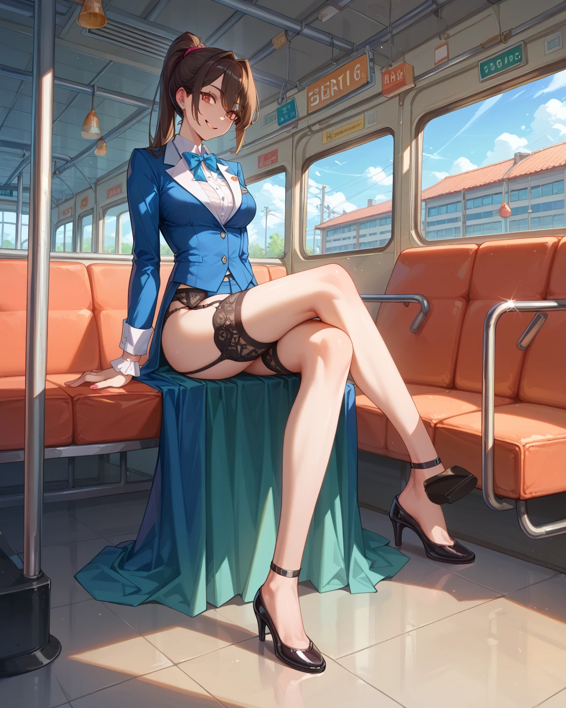 In the train、(Casual short One Piece)、Brown Hair、lace panties、(((Open neckline dress)))、(((skirt pull))), Young face、Expressions of anger、1boy, ((Man is amazon position))、(((standing footjob))), (((eject cum))), (foot on penis), ((Angle from below))、surrounded by lots of girls、