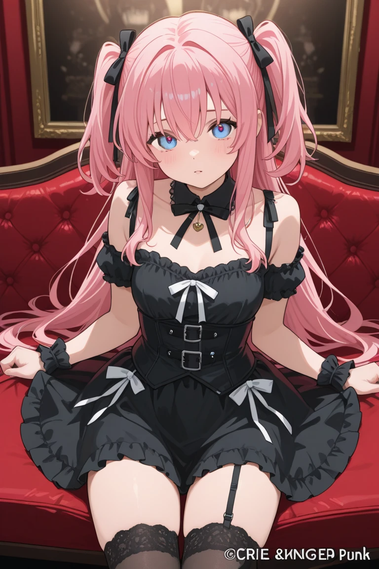 Cat-eared girl in black and pink costume sitting on pink sofa, seductive anime girls, small curvaceous loli, 8K high quality detailed art, anime highly detailed, beautiful and seductive anime woman, anime barbie in white stockings, 2b, 2 b, Fine details. Girl Front, pink twintail hair and cyan eyes, photorealistic anime girl rendering