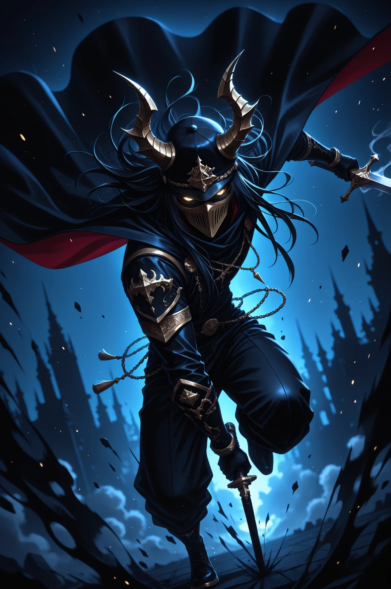 (masterpiece, best quality, absurdres, highres), amazing quality, very aesthetic, volumetric lighting, digital art style, drawn aesthetic, concept painting, ultrahigh definition, dark blue lighting, detailed, intricate details, red low key lighting, newest,1boy, male focus, mask, gold and black theme, simple background, blue background, dynamic pose, action pose, black hair, black attire, urban wear, gold, jewelry, horns, golden eyes, eyelashes, looking at viewer, smoke, glowing eyes, action shot, dynamic pose, high angle, full body, black smoke, chaos, holding sword, image depth, dynamic angle, long cape, cap, foreshortening, blurry background, dark lighting, dark background, dof, depth of field, detailed line work, low key, dramatic lighting, dark theme