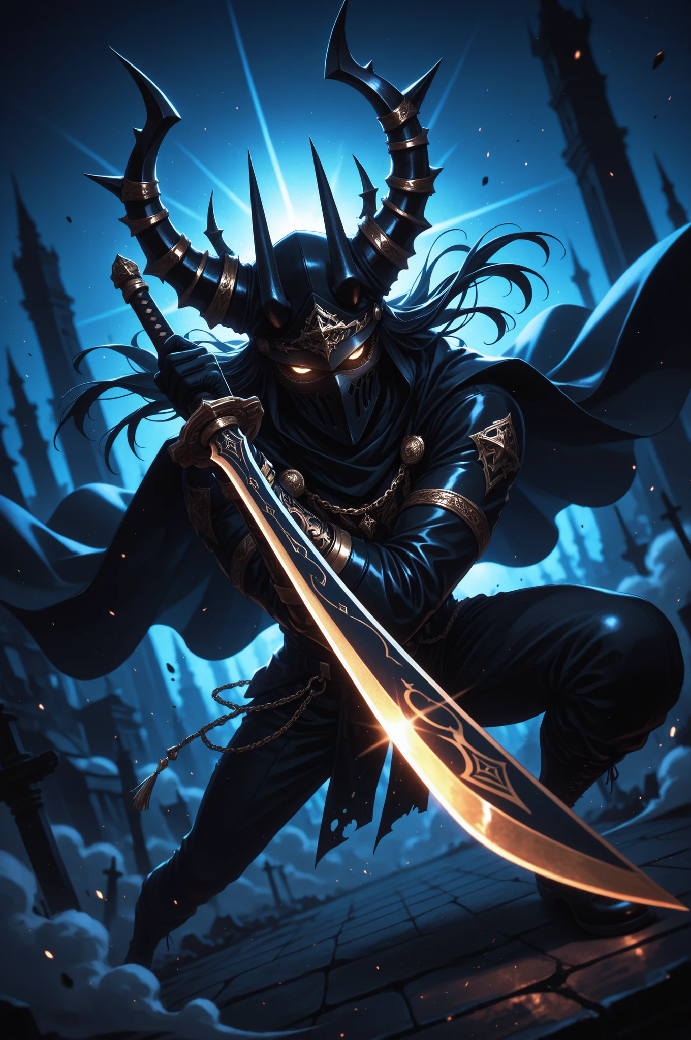 (masterpiece, best quality, absurdres, highres), amazing quality, very aesthetic, volumetric lighting, digital art style, drawn aesthetic, concept painting, ultrahigh definition, dark blue lighting, detailed, intricate details, red low key lighting, newest,1boy, male focus, mask, gold and black theme, simple background, blue background, dynamic pose, action pose, black hair, black attire, urban wear, gold, jewelry, horns, golden eyes, eyelashes, looking at viewer, smoke, glowing eyes, action shot, dynamic pose, high angle, full body, black smoke, chaos, holding sword, image depth, dynamic angle, long cape, cap, foreshortening, blurry background, dark lighting, dark background, dof, depth of field, detailed line work, low key, dramatic lighting, dark theme