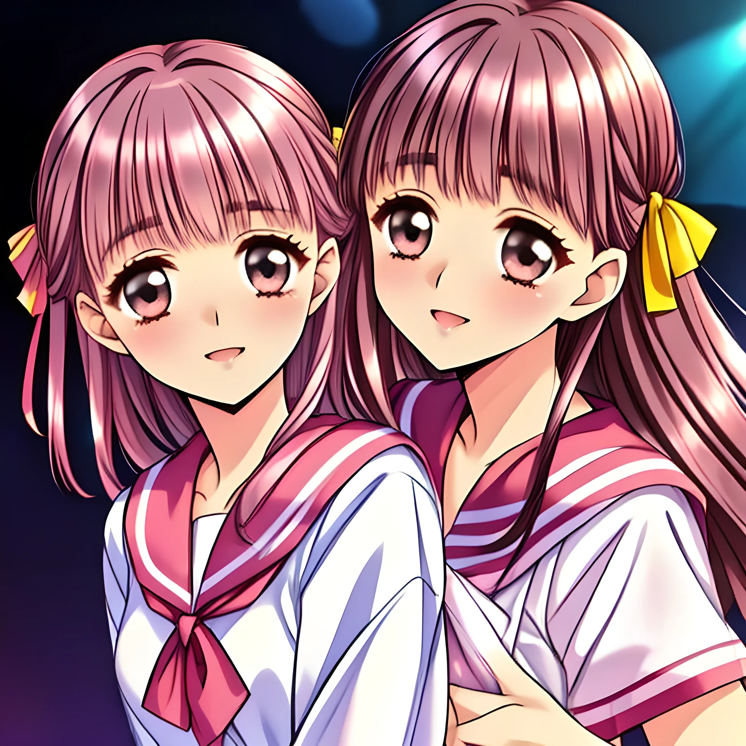 (highest quality, masterpiece:1.5), highest quality, High resolution, 1080p, 8K, (Too beautiful, elder Sakuragi mai, Girl's love-story comic heroine, ((Too much beloved)) noble grown beautiful beautiful lady with detailed is in a darkness: 1.4), (Happy face with unreal beauty: 1.0), ((Neatest (Sakuragi Mai)'s light-pink sailor-style school uniform and skirt: 1.6)), (Too beautiful dreamy eyes charm me), (Nothing background except darkness: 1.8), ((purity and neatness is very impressing): 1.8), (Half body shot: 1.0), (Beautiful blue eyes), (shiny pink super-long wavy hair, braids-half-up), (golden ear accessories and pendant), (Diamond rings)