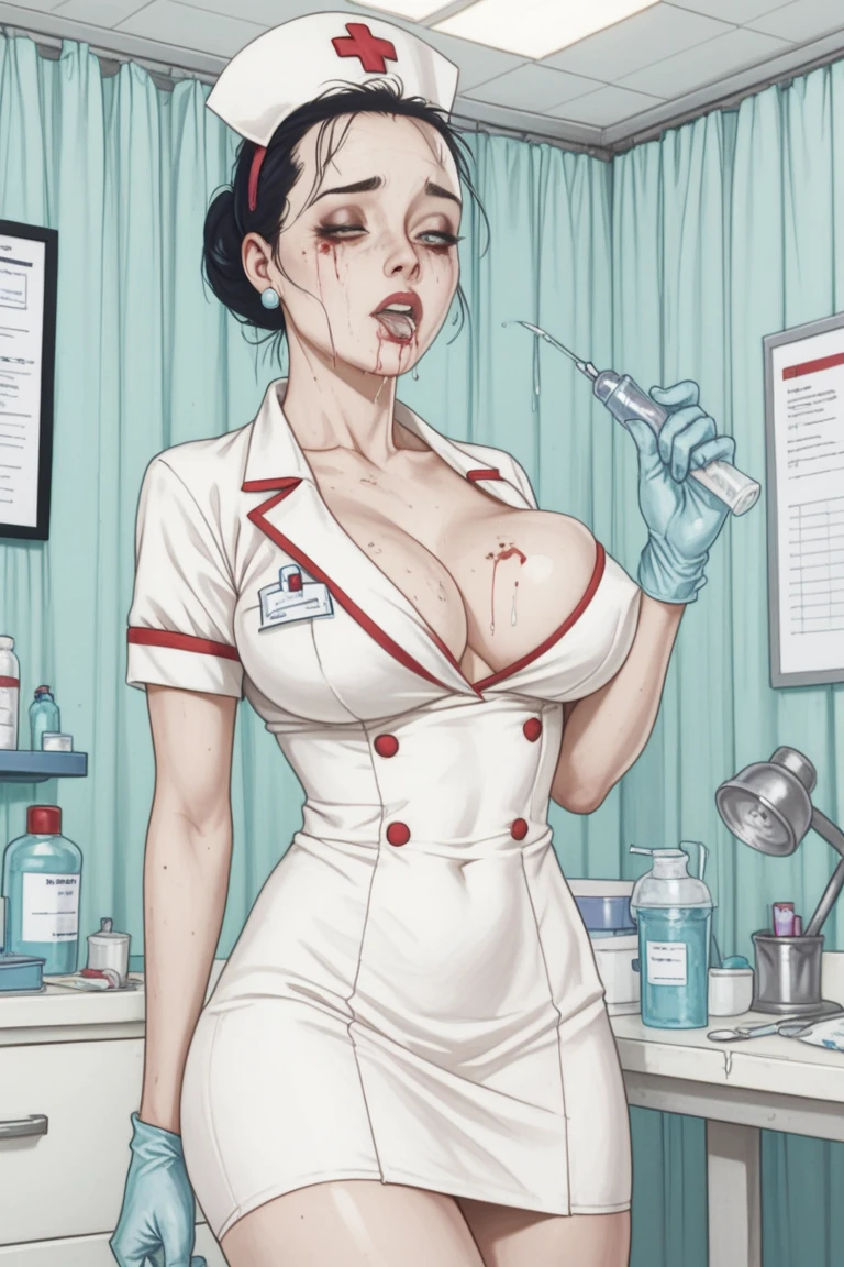 Score_9, score_8_up, score_7_up, score_6_up, score_5_up, score_4_up, source_anime, 1girl, cute doctor, young female, sagging gigantic huge breasts, wide hips, thick thighs, huge areolae, areola slip, black areolae, dark areolae, cashier counter, side view, detailed eyes, brown eyes, crowded, in medical hospital, doctor white coat, sleeveless, rubber gloves, French twist updo hair, earrings, accessories, collarbone, head tilt, showing hairy stomach hair, showing armpit, hairy armpit hair, bukkake on armpits, sperm on armpit, cum shot on armpit, sperm, penis, Japanese, hentai atmosphere, hand behind the head, nipple cover, hairy stomach hair, fellatio, penis, crouching, fishnets thigh tights, sweating, heart mark words, ahegao, dark hair
