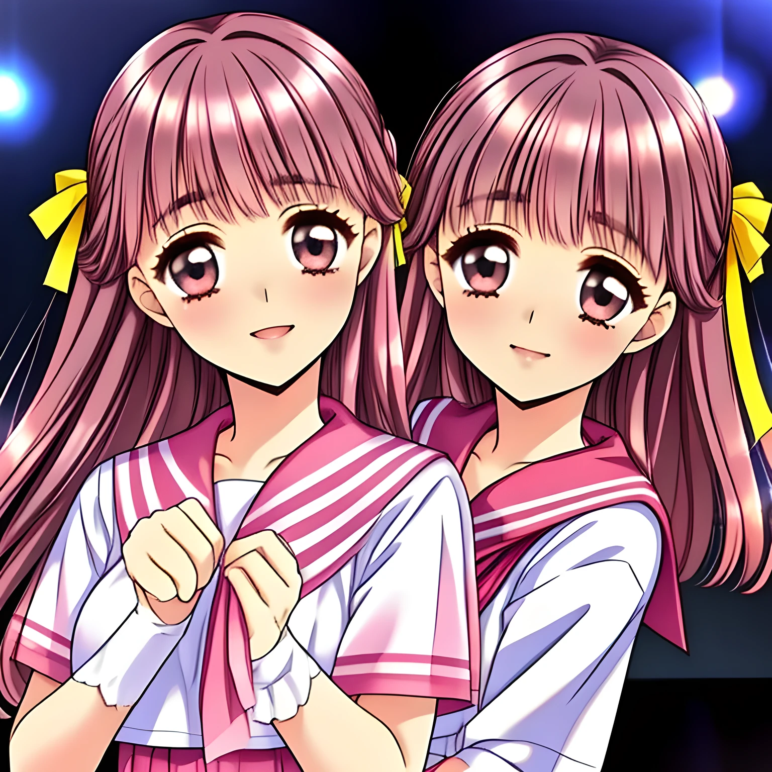 (highest quality, masterpiece:1.5), highest quality, High resolution, 1080p, 8K, (Too beautiful, elder Sakuragi mai, Girl's love-story comic heroine, ((Too much beloved)) noble grown beautiful beautiful lady with detailed is in a darkness: 1.4), (Happy face with unreal beauty: 1.0), ((Neatest (Sakuragi Mai)'s light-pink sailor-style school uniform and skirt: 1.6)), (Too beautiful dreamy eyes charm me), (Nothing background except darkness: 1.8), ((purity and neatness is very impressing): 1.8), (Half body shot: 1.0), (Beautiful blue eyes), (shiny pink super-long wavy hair, braids-half-up), (golden ear accessories and pendant), (Diamond rings)