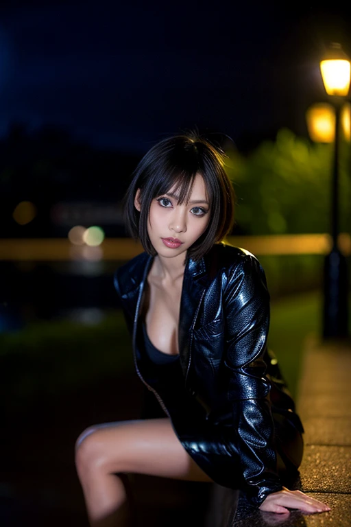 ((masutepiece)), ((Best Quality)), (Ultra-detailed), ((Extremely detailed)), 4K, (8K), Best Quality, (Beautiful), Dynamic Angle, city, Town, Night, Cute little girl s, 1girl in, Solo, Leather jacket, Beautiful green hair 0, ((Beautiful eyes)), Short hair, Colossal tits, Cool, beauty legs