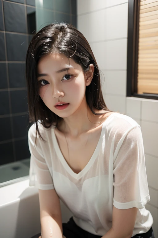 ((Taking a shower))、((Whole Body Ezbian))、((Cowboy Shot))、((whiteTPut on a shirt、))、first class、The true picture、Intricate details、Ultra-high resolution、Depth Field、masterpiece、Professional Lighting、 ((15-year-old girl)),Very cute face, Great face and eyes,No makeup、 (Highly detailed eyes, Highly detailed face),