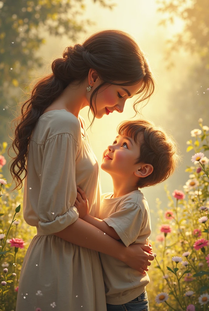 A woman standing with a small boy