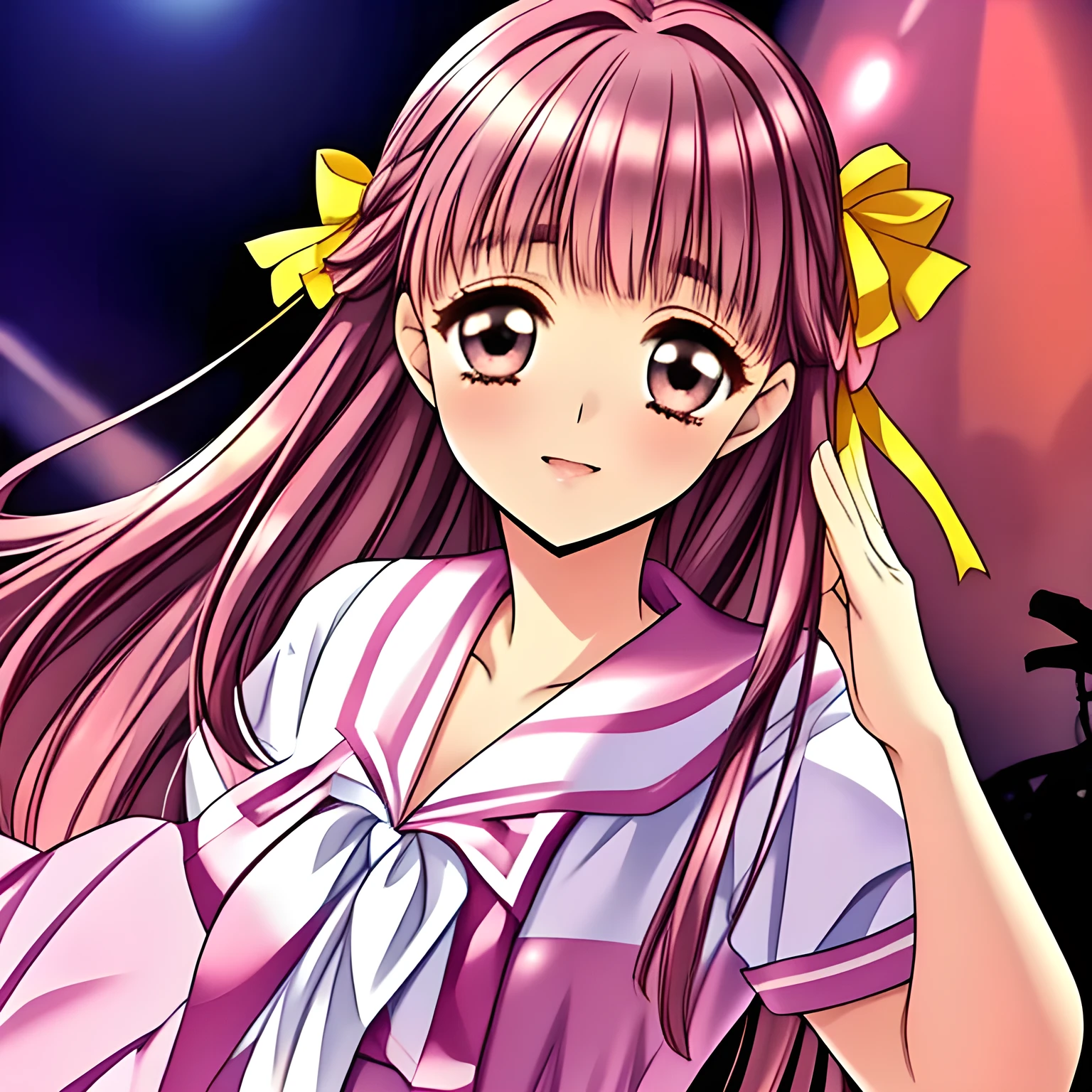 (highest quality, masterpiece:1.5), highest quality, High resolution, 1080p, 8K, (Too beautiful, elder Sakuragi mai, Girl's love-story comic heroine, ((Too much beloved)) noble grown beautiful beautiful lady with detailed is in a darkness, controlling my mind: 1.4), (Happy face with unreal beauty: 1.0), ((Neatest (Sakuragi Mai)'s light-pink sailor-style school uniform and skirt: 1.6)), (Too beautiful dreamy eyes charm me), (Nothing background except darkness: 1.8), ((purity and neatness is very impressing): 1.8), (Half body shot: 1.0), (Beautiful blue eyes), (shiny pink super-long wavy hair, braids-half-up), (golden ear accessories and pendant), (Diamond rings)