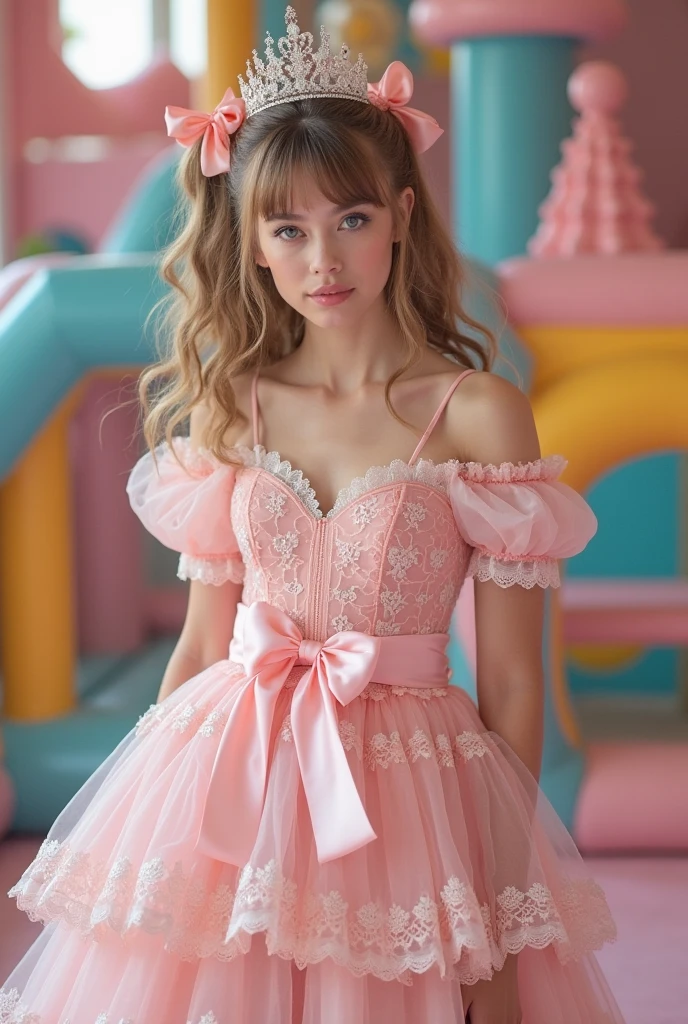 create a  blonde blue eyed  in a pink glitter princess dress she is sitting in a pink chair in a room smiling REALISTIC FUCK REALISTIC GIRL!!!!! 