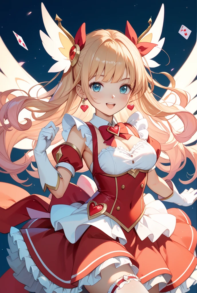 masterpiece, best quality, ultra-detailed, 1girl, magical girl, angel, frying sky, blonde, long hair, red clothes, angel wing, smile, 