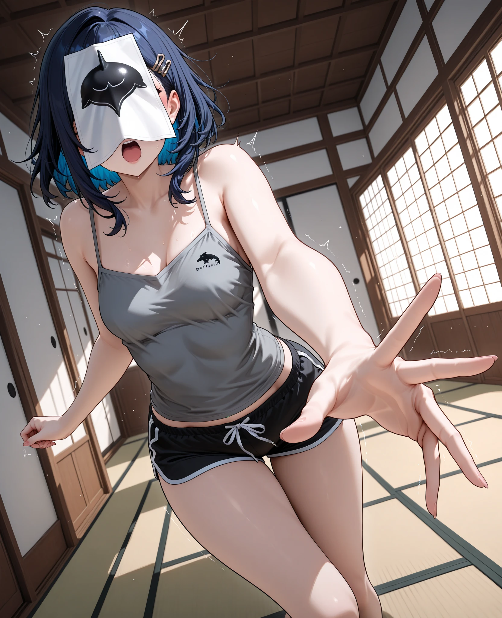 Anime girl blue hair blue eyes bikini suit brown rope tied hands and hanging and tape gagged