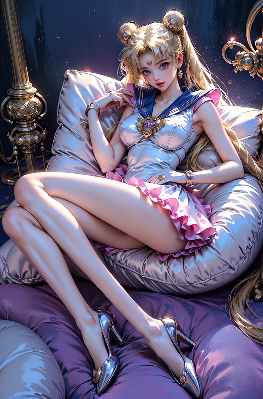 (extremely detailed CG unity 8k wallpaper:1.4),<(masterpiece:1.4), (best quality:1.7), high resolution illustration, (finely detailed eyes and detailed face:1.4), (detail:1.3, best quality, (ultra-detailed), (an extremely delicate and beautiful), (illustration), (painting),(masterpiece:1.5),cinematic light,dynamic angle,floating,sharp focus,(2d:1.7), (best quality:1.3),(illustration:1.1),((dishevelled hair:1.2),(beautiful detailed eyes:1.1),(cinematic light:1.1), Sailor Moon, puffy nipple, full body, high heels, shoes visible, crown,  small natural breasts, sitting cross legged, knee down, pose, plain blurry background