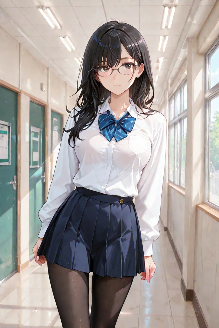 young girl, high , classroom, skirt, white panties, light blue eyes, black hair, glasses, quiet, elegant