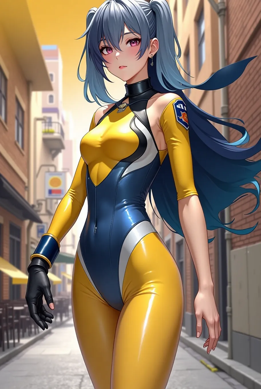 masterpiece, best quality, 1girl, superhero, yellow leotard, bare legs, knee boots, matching boots, medium breasts, heroic, city backdrop, standing, body infused with energy, light particles, solo, single, cowboy shot, perfect ???????, hand on hip, blue hair, glow, glowing body