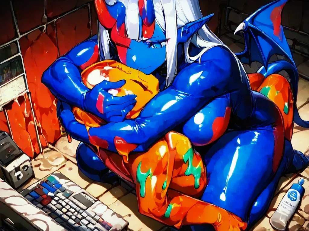 ((Highest quality)), ((masterpiece)), ((detailed)), ((Arknights)),((one girl)), ,Blue Hair,Red Eye,(dragon)((Sex))((Vaginal ejaculation))((Vulgarity))(((Mating with a dragon)))spoken heart straight hair milf (cum in Pussy) more condom gleaming skin in heat game cg erotic spread her pussy licking dragon penis