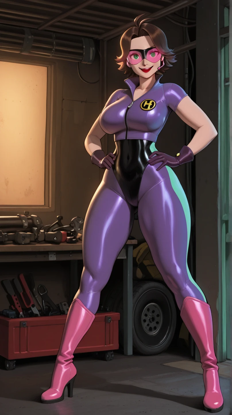 Generate a realistic illustration of a mature Madeline Fenton (Danny Phantom), ((blue bodysuit)), black gloves, (Aletta ocean face), blunt bobcut, de terno preto, straight hair, (dark brown hair), ((black torso)), ((slendered abs)), black gun holster, ((blue breasts)), blue outfit in anime format with a serious style, shiny skin, (gigantic breasts), perfect skin, detailed face, defined cheekbones, puffy lips, ((over the elbow gloves)), blue legs, blue arms, (((black over the knee boots))), gothic make up, masterpiece, dark lighting, black background, puffy lips,slendered abs, beautiful face,