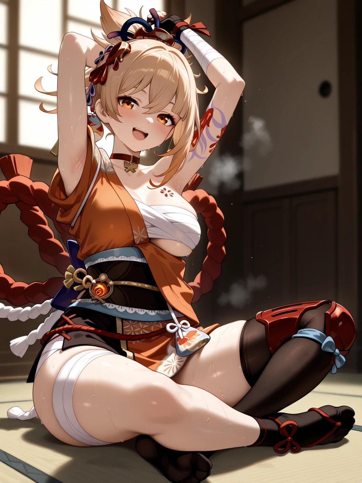 masterpiece, best quality, highres, 1girl, blonde hair, medium hair, asymmetrical hair, floating hair, hair between eyes, high ponytail, sidelocks, hair ornament, fish hair ornament, tassel, kanzashi, bangs, orange eyes, open mouth, smile, teeth, upper teeth only, choker, red choker, pendant choker, butterfly choker, collarbone, tattoo, chest tattoo, flower tattoo, cleavage, medium breasts, thighs, bandages, bandaged leg, sarashi, budget sarashi, chest sarashi, black sash, hadanugi dousa, houkisei, japanese clothes, kimono, kinchaku, obi, obiage, obijime, orange kimono, pouch, print kimono, rope, sash, shimenawa, short kimono, single bare shoulder, vision (genshin impact), east asian architecture, cherry blossoms, full body, squatting, sparkler, night, firework, holding firework, legs together, feet, single glove, single fingerless glove, wristband, black socks,