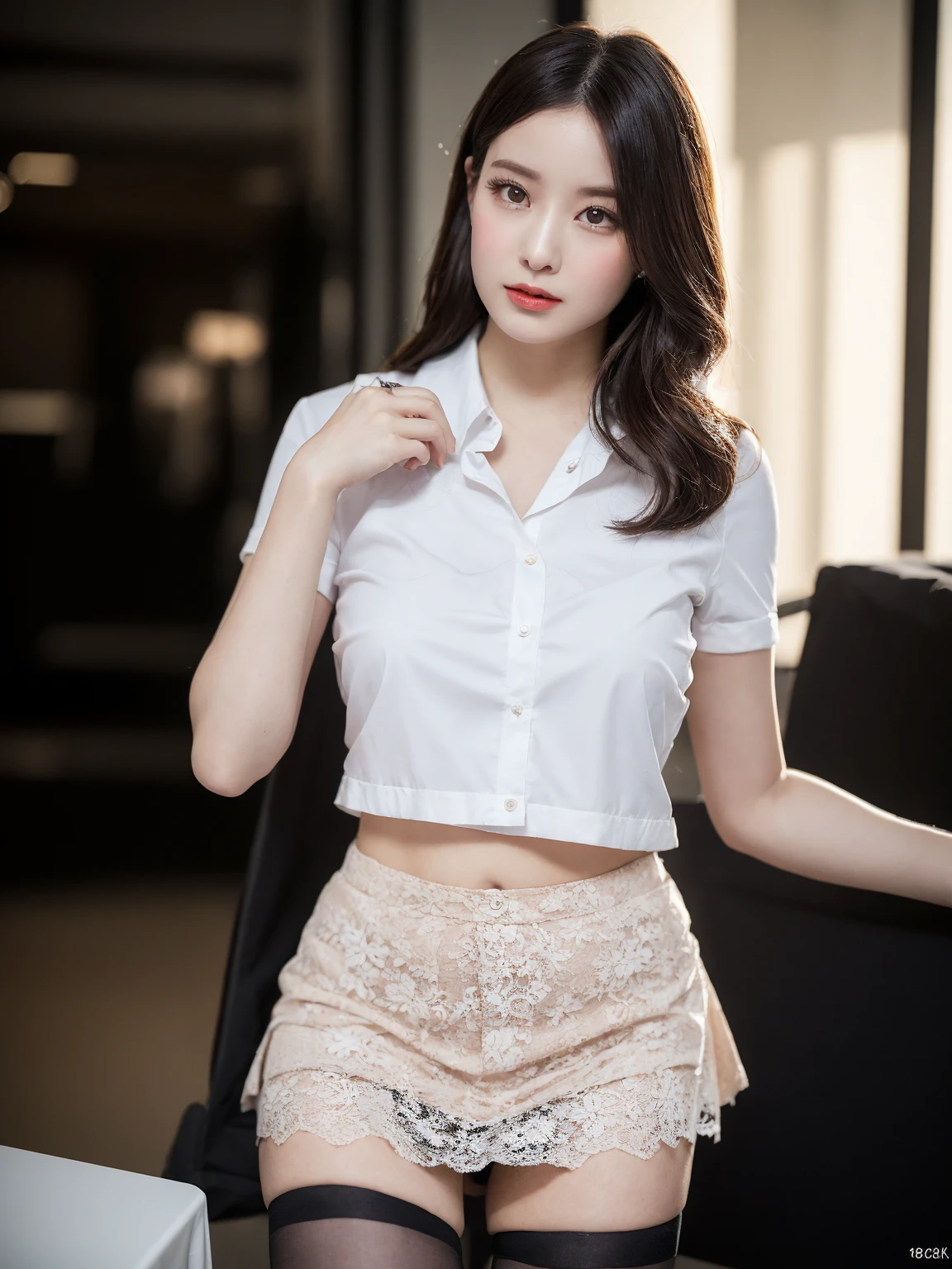 (((Neat woman, hide,Eyes bright with excitement,Smile,blush,blush,Red cheeks,Please touch me,audience,I want you))),(Lying on the huge table),((((blush,Red cheeks,Sweat)))),(light), (Photo real:1.4)、(Surrealism:1.4)、(Reality:1.3)、 (柔和的light: 1.05)、(改善视频的light质量:0.9)、 32K、25-year-old female、逼真的light、Backlighting、Face Light、Ray Tracing、(bright:1.2)、(quality improvement:1.4)、 (Highest quality real texture skin)、beautiful eyes,Delicate face、 Close-up of face,  ((Wearing the beige Aerial uniform,Aerial,mini skirt,navy,High heel),(Improved body lines and mood:1.1)、Smooth skin、Korean Idol、Nogizaka Idol、Good shape,Perfect anatomical structure,Beautiful actress,(((Beautiful big breasts,Slim waist,Slim hips,Long legs,8 heads high))),(((8 heads high))),(((Side-parted bun,Curtain bangs))),(((In the library&#39;s beautiful modern office,Super clean night view,in the evening))),necklace，bracelet，Lace neck，Open clothes and obvious cleavage，belly button。