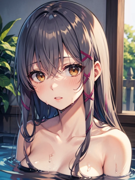 (dynamic angle),in the poolside, sitting, pale Light orange Hair, long hair, twintails, hair black ribbon, girl1, upper body, completely nude, (small nipples:1.2), (small areolas:1.2), kawaii, cute, pale purple eyes, (shy), (blush),evil smile, very small white micro bikini