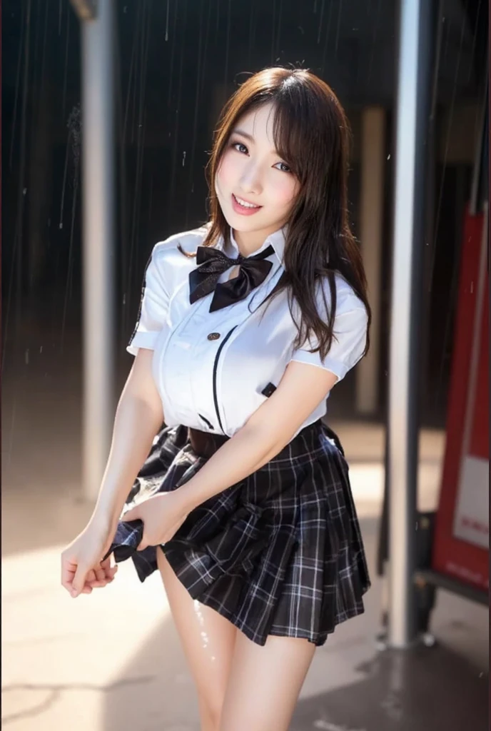 (reality: 1.4),highest quality, masterpiece, high detail, 16K quality, beautiful, 1 beautiful girl,japanese,super beautiful face,baby face,japanese idol face,cute face,super detailed face,detailed hand,beautiful skin,oily skin,big eyes,profeccional lighting,ponny tail,black hair,brown beautiful eyes, big smile,standing, (skirt lift),big breasts,see through white shirt,(checked skirt),(white panties),(showing panties),cameltoe,black high socks,spread legs, she is looking at the camera,Skyscraper rooftop,blue sky, nsfw,back shot,from below,