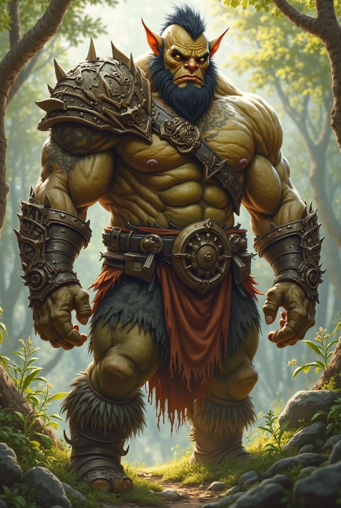 close up:1.3, (masterpiece:1.5),(Best Quality:1.6), (ultra high resolution:1.4), strong and robust ogre, dynamic pose, with shoulder pads and leather bones, large and sharp fangs, leather belt with a skull , loincloth, detailed illustration, Intricate, Idyllic, magical elves in the forest:1.5, landscape, Vibrant colors, sunrise, sun rays passing through the trees, leaves falling from the trees, dew on leaves and plants, clouds, (( magical, beautiful, from another world, trees:1.4 )), (( Best Quality, Vibrant, 32K, clear, well-defined shadows)).(Best Quality,4k,8k,high resolution,masterpiece:1.2),ultra detailed,(realist,photorealist,photo-realist:1.37),Very detailed face,extremely detailed facial features,hyper realist skin texture,extremely fine details,intricate details,detailed eyes,detailed nose,detailed lips,Detailed facial expressions,intricate facial anatomy,intense lighting,Dramatic lighting,changing lighting,cinematic lighting,chiaroscuro lighting,dramatic shadows,Dramatic moments,vivid colors,intense colours,Deep contrast,cinematic depth of field,cinematographic composition,cinematic camera angle