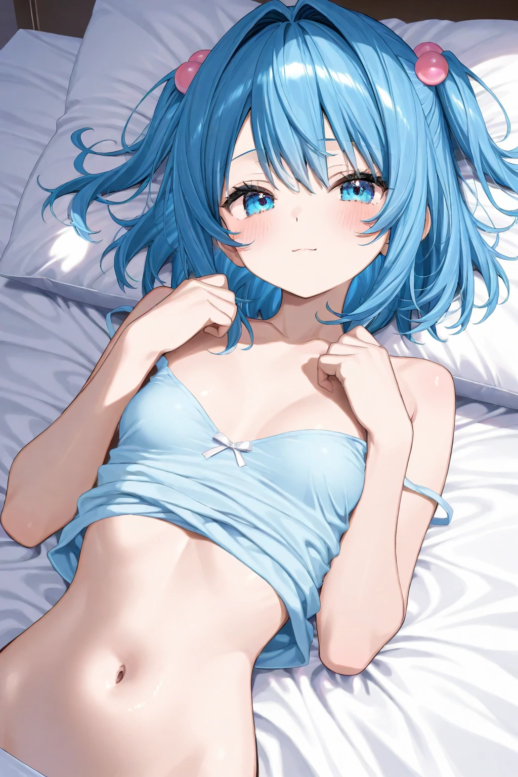 Highest quality, Very detailed, ,((blush)),((((Backwards)))),Light blue short bob、Flat Chest,Small breasts,On a canopied bed、Sleep on your back、dizzy、White liquid on thighs、White liquid on the face、Touching her lower body greedily,White liquid in the abdomen,Shaking knees、Getting drunk and being bold,Bring one hand close to your mouth,Spread your knees,A used condom lies in front,Baggy button-up shirt,Fisheye Lens,The bra is too loose and doesn't fit,Enlightenment、