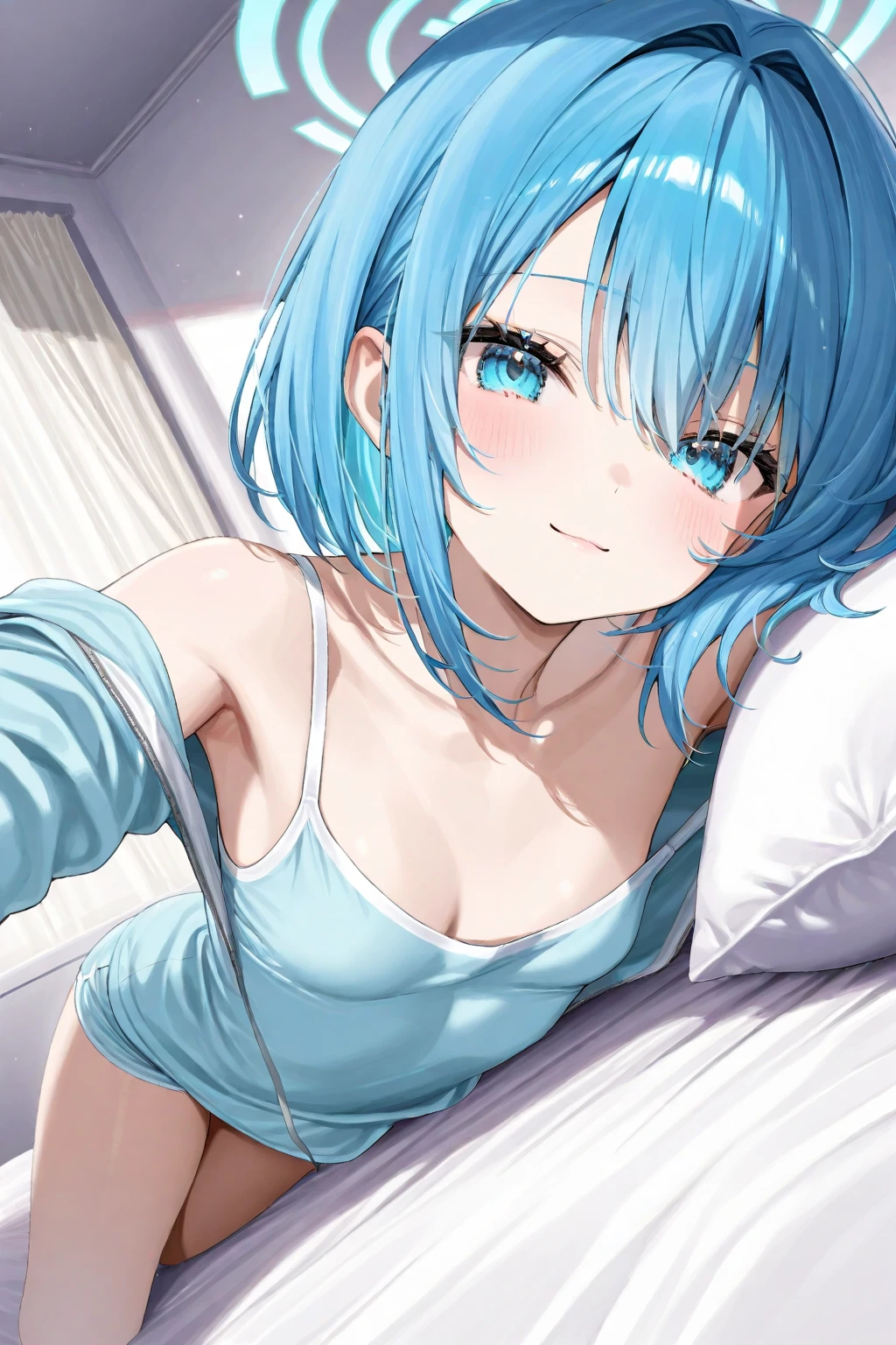 (muste piece), (best quality), (score_9, score_8_up, score_7_up), very detailed eyes, expressive eyes, perfect face, very detailed face, highly detailed face, beautiful girl, 8K, beautiful girl, white background, delicate and beautiful face and eyes, dark intense shadow, Ultra-high resolution, Movie Lighting, (Fuji Color: 1.2) portrait,
1 girl, vtuber style, cool girl, hololive, vtuber, Yukihana Lamy, Elf ears, blue hair, heart ahoge, messy hair, pajamas, unbuttoned pajamas, bra, messy pajamas, close one eye, look up, big chest, cleavage, underpants, cameltoe, clavicle, yawned and stretched, one arm up, armpit, (full body), slpeey, sitting on bed, indian style,