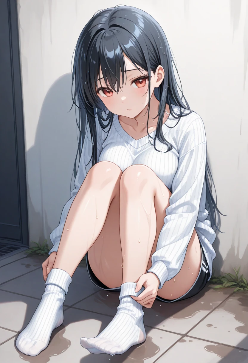 1girl, long black hair, black headband, gray eyes, wearing white shirt, denim shorts, bored expression, house, high res