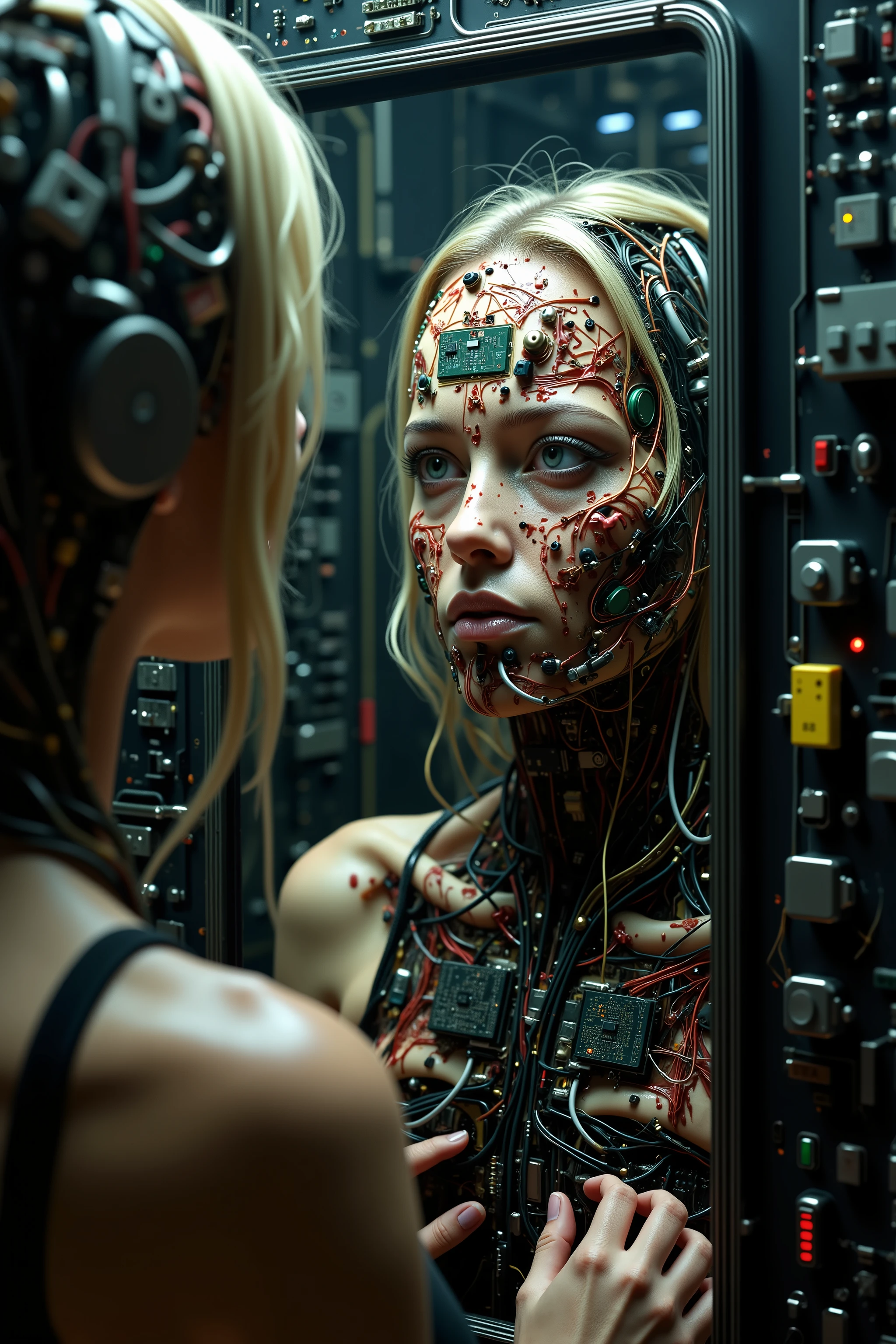 woman looks in a mirror and sees a computer with human flesh, skin is stretched across hundreds of broken jumbled circuitboards, wires protrude from mouth sores photorealistic, 8k, ultra-detailed, masterpiece, physically-based rendering, high resolution, studio lighting, vivid colors, dark, eerie, cyberpunk, sci-fi, horror, surreal, woman, mirror, reflection, computer, human flesh, circuitboards, wires, stretched skin, broken, jumbled teeth, hellish existence, cannibalism becomes plastic death