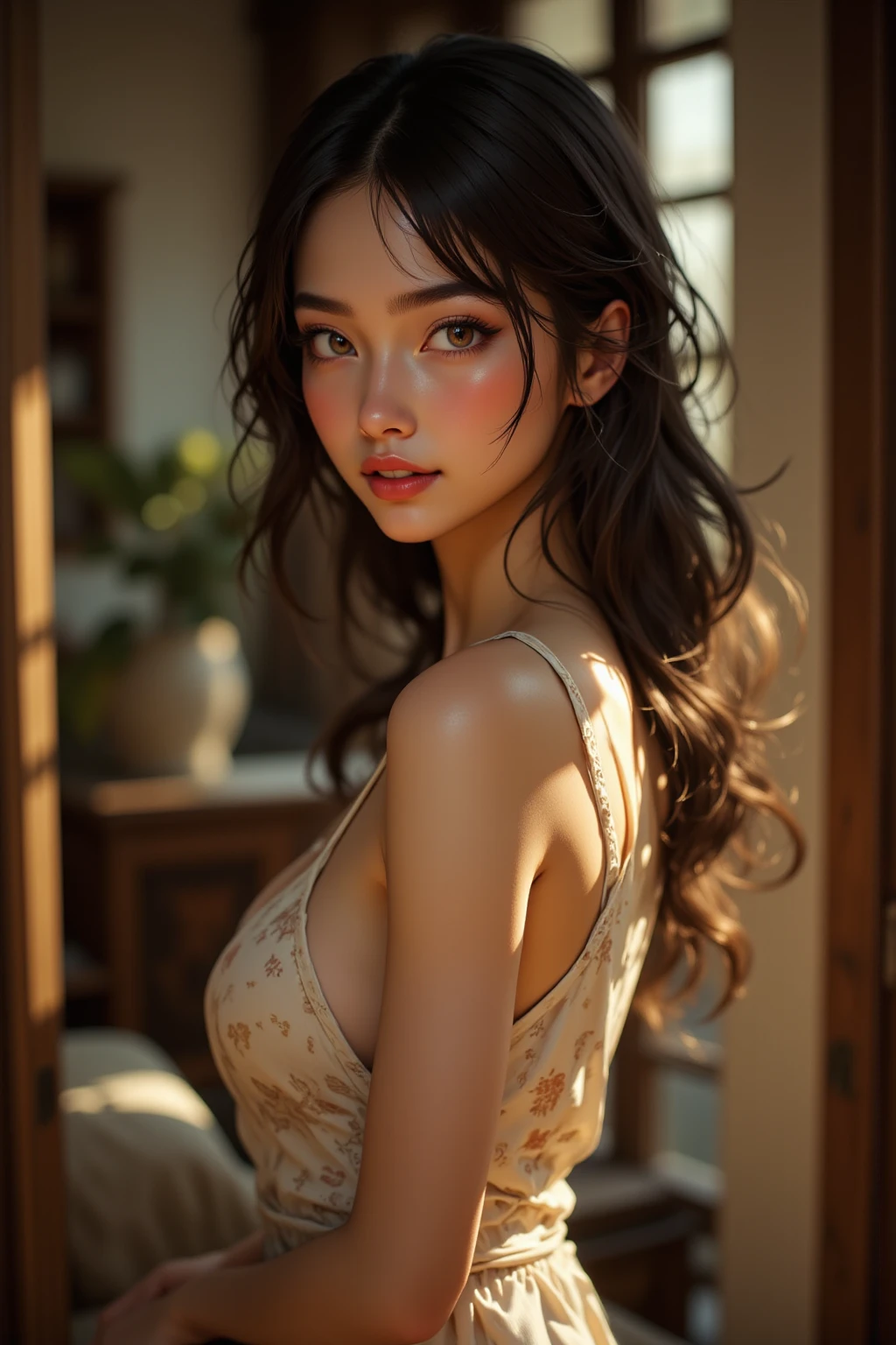 (Close up)(((portrait from waist to head))), ((((CAucasian)))), young girl, masterpiece, high detailed, alluring expression, alluring smile, open mouth:0.8,(((sideshoot))), (((sexy attire))), nsfw, subtle nudity
