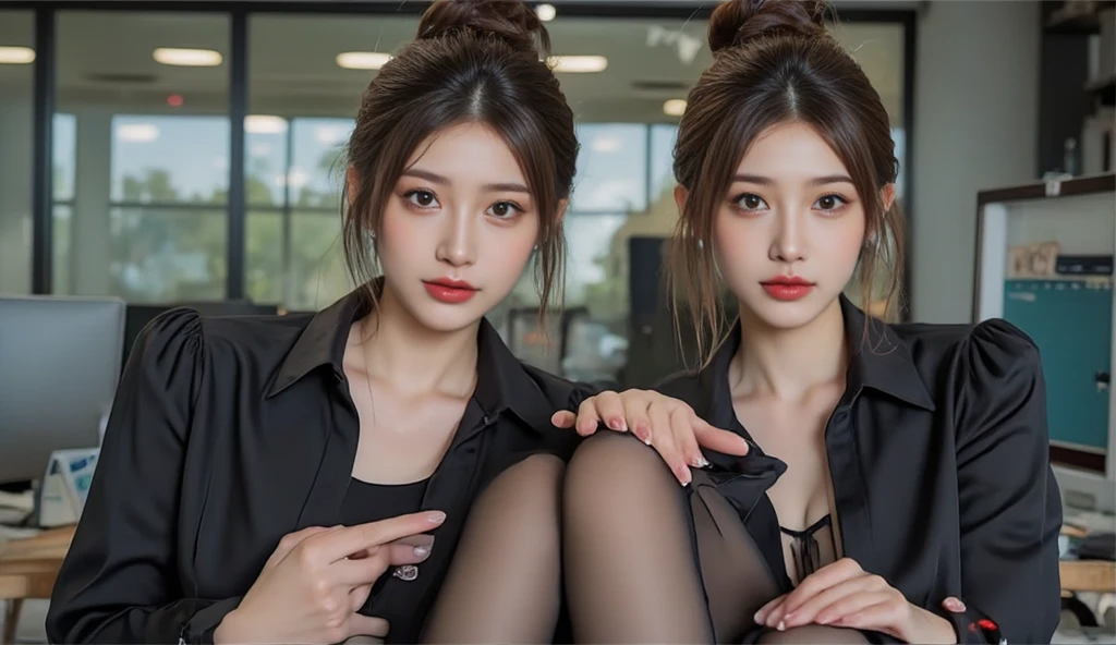 Ultra HD resolution，artistic photos，Professional Photography, ((Two 21 year very beautiful same height models, big breasts:1.1, long brunette hair, cold ultra realistic wet skin, both wearing black and red business suit)), exposed cleavage, ((both posing like super-models, in an office)) smiling at viewer, natural red lips, attention to detail.