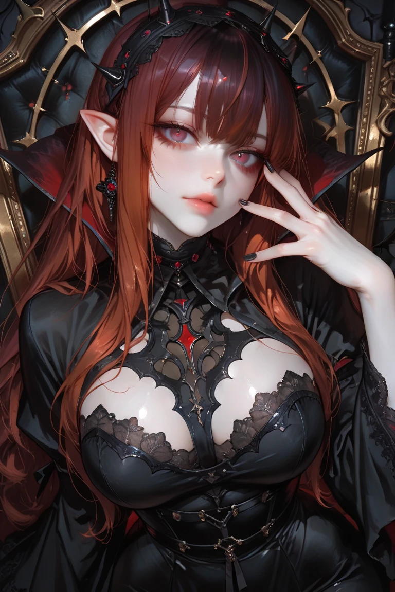 masterpiece, best quality, realistic, a demon girl, long red hair, corset horns, black wings, cat eyes, dark environment
