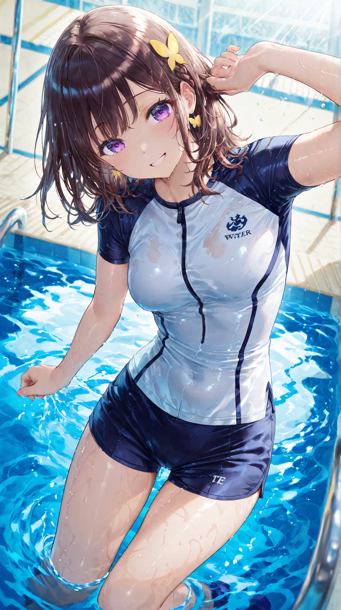 Cyberpunk Costume,Glossy enamel look or better,One girl with exposed underwear,whole body (beautiful girl, Delicate girl:1.3), (16 years old:1.3),break, (belly button:1.2), break, (Colorful Water Background:1.3), break, Very beautiful eyes, (Symmetrical eyes:1.3), break, (Small breasts:0.5), Brown eyes, Parted bangs, Brown long hair, break, (Eye and facial details:1.0), break, (masterpiece, Highest quality, Very detailed, Detailed face,