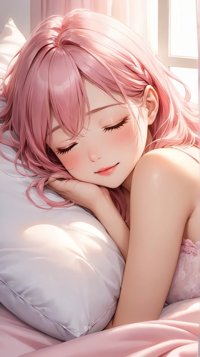 (Best Quality,High resolution,8K,finelity detailed background,Masterpiece:1.2),beautiful girl,Shiny pink hair,messy hair,Pink eyes,Gentle look,A refreshing look,Best quality,Best Quality,Aesthetic and aesthetic:1.2,Best details((Super detailed))(High-definition CG illustrations),Glamorous black underwear (black,intricate lace),Slender body,night,Moonlight,Bedroom,On the bed,smile,blush,cute,Scrounge,Looking up,Being spoiled,Smiling Kindly,super model,wariza,shoot from below