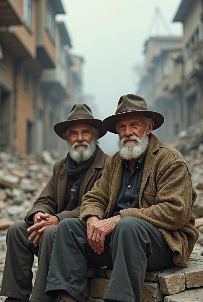 "The old man from Saco" picture detail: A looking scared at an ugly old beggar with red eyes with a bag on his back in a scary place