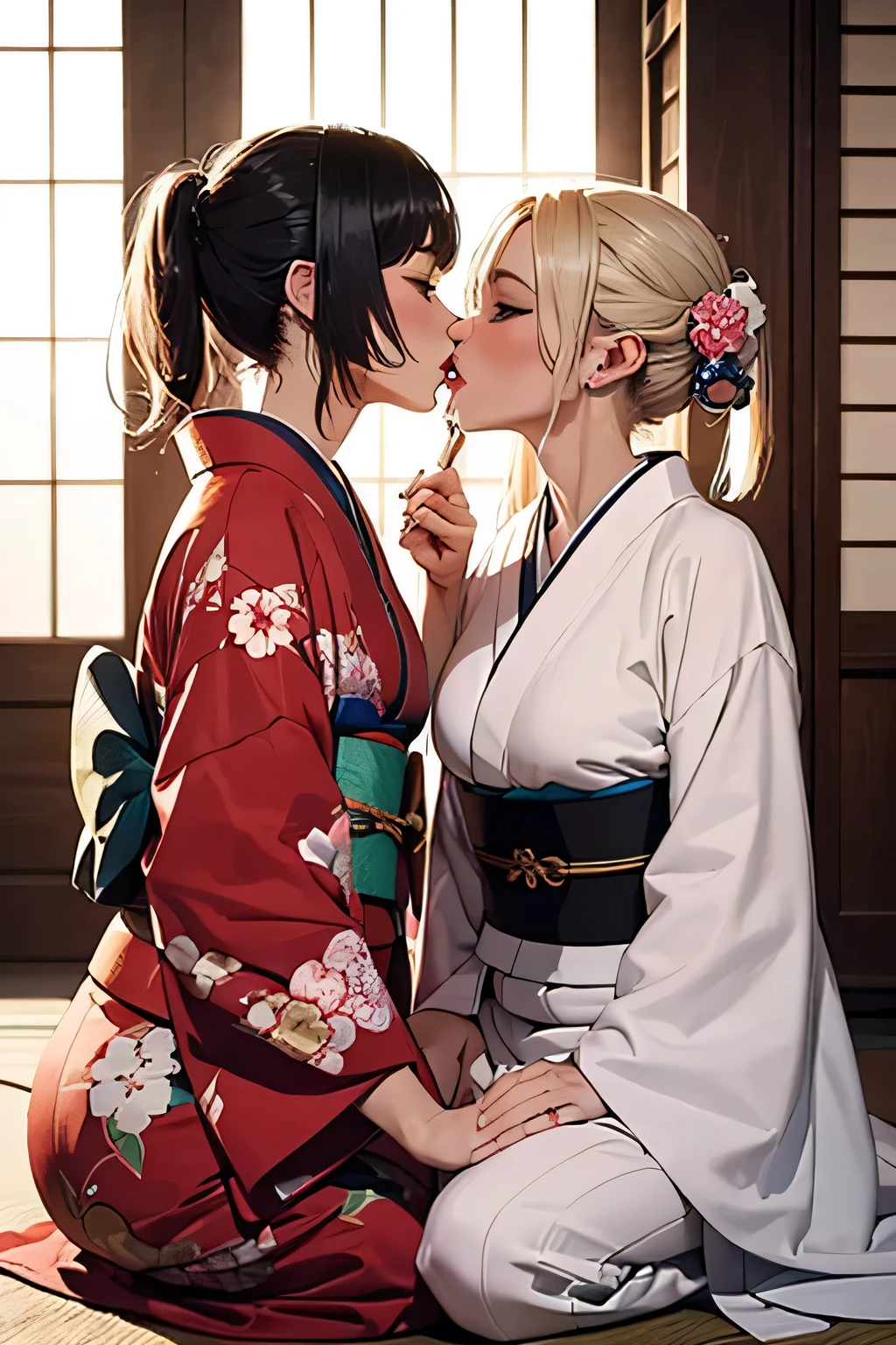 3 fox milf kiss stick tongue together,big breast,kimono,tits revealed