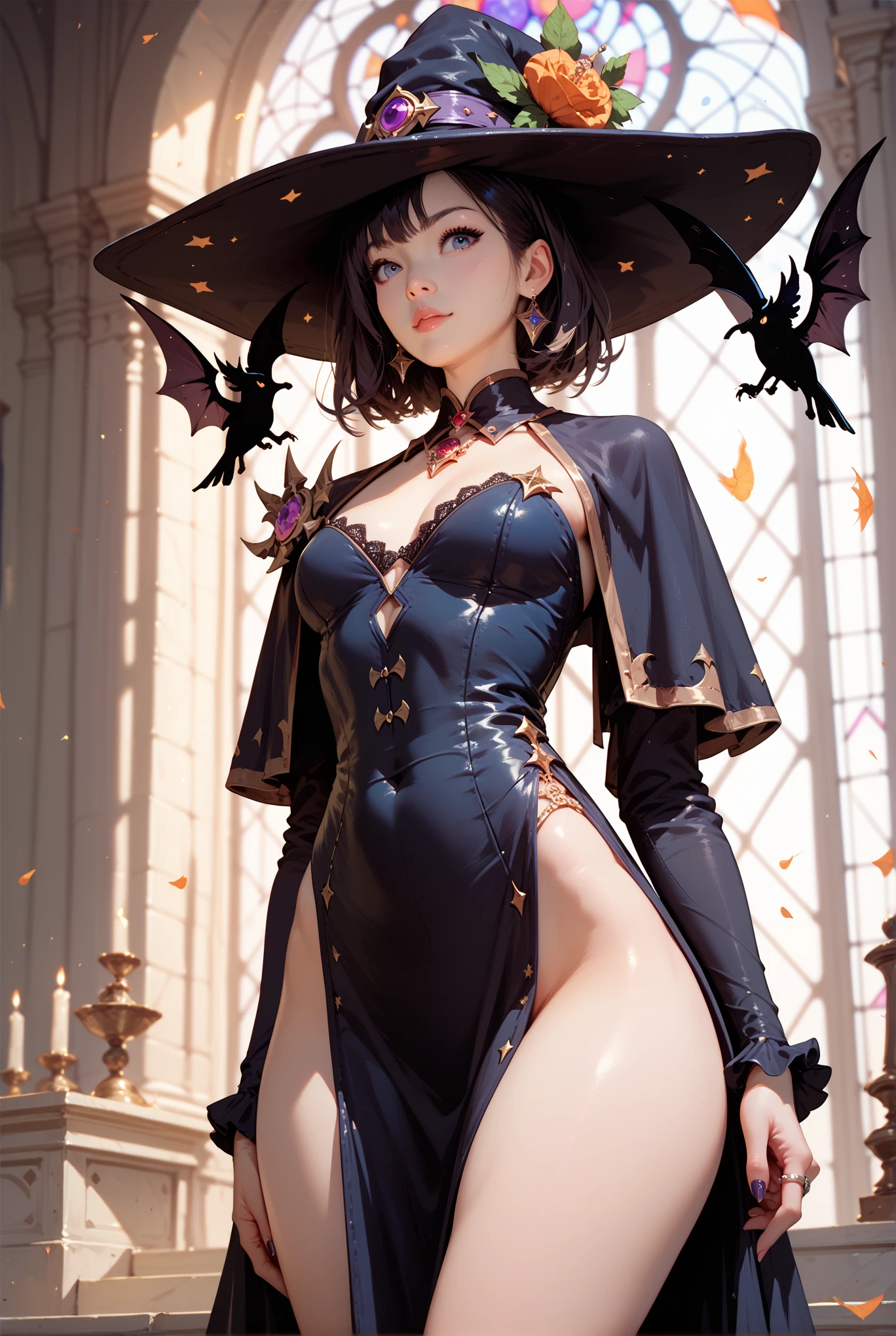 Witch, sexy pose, big breasts, curvy, smile, bob haircut, sexy dress
