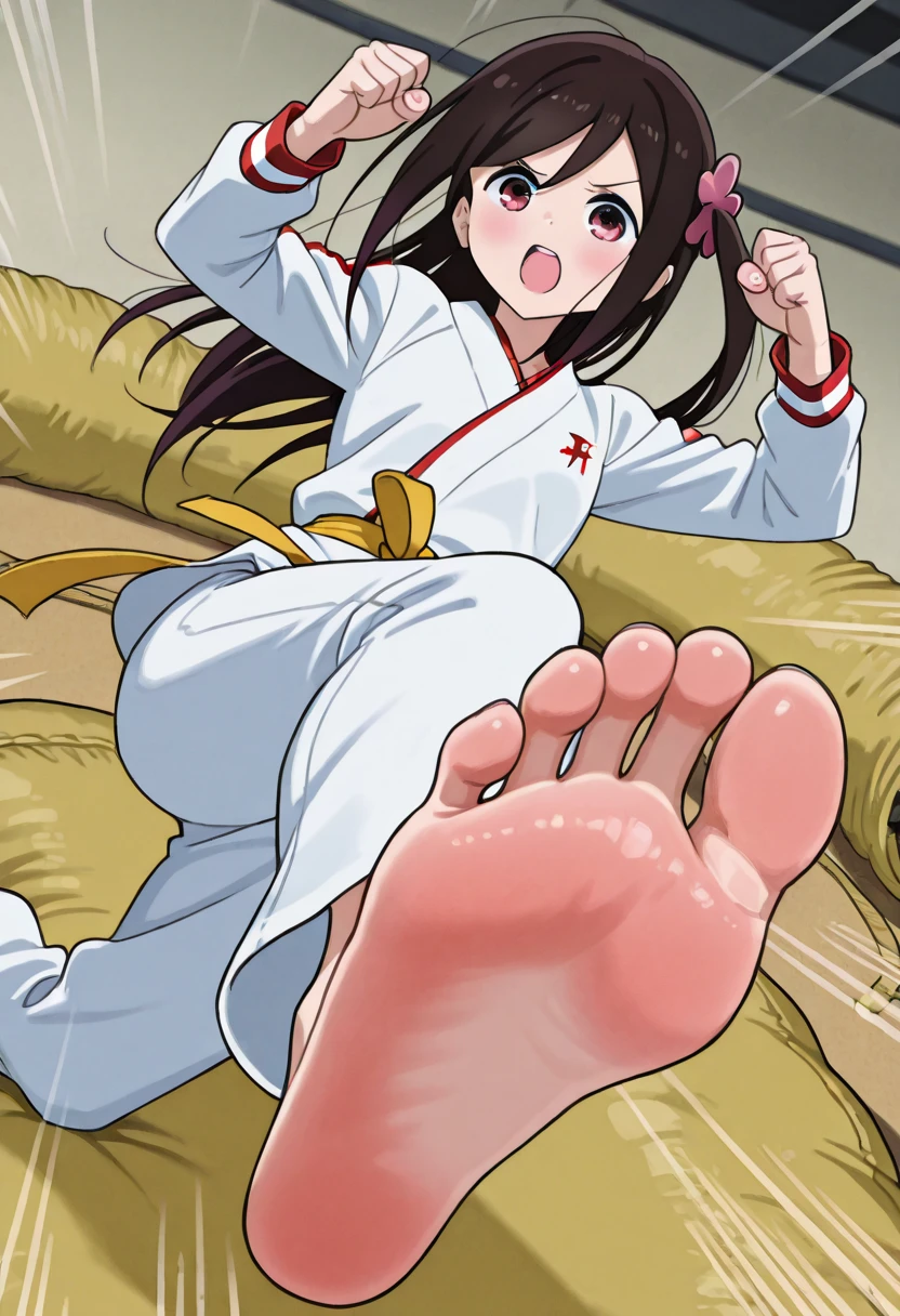 sole of feetを見せながら座っている女性の漫画の絵, the anime girl is crouching, her foot sticking out, feet posing, The art of the foot, high soles,, [ Digital Art ]!!, [ A floating view from her feet, low angles!!!!, big legs、Sentai Heroine、Super Sentai、aroma、Sweaty feet、bare-legged、sole of feet, Samurai Sentai Shinkenger, Shinken Yellow