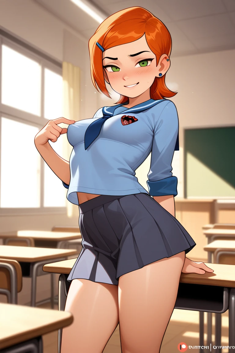Score 9, Score 8 up, Score 7 up, The rating is questionable,
Detailed Background, Shiny skin,Akane Hino,
hino akane \(smile precure!\), red hair, hairpin, low ponytail, red eyes,, nsfw,bunny girl costume,cleavage between breasts,sexy pose,,large breasts,whole body,thin,smiling,daytime,in the classroom,anime style,high quality,masterpiece,highly detailed,Camel Toe:1.21,