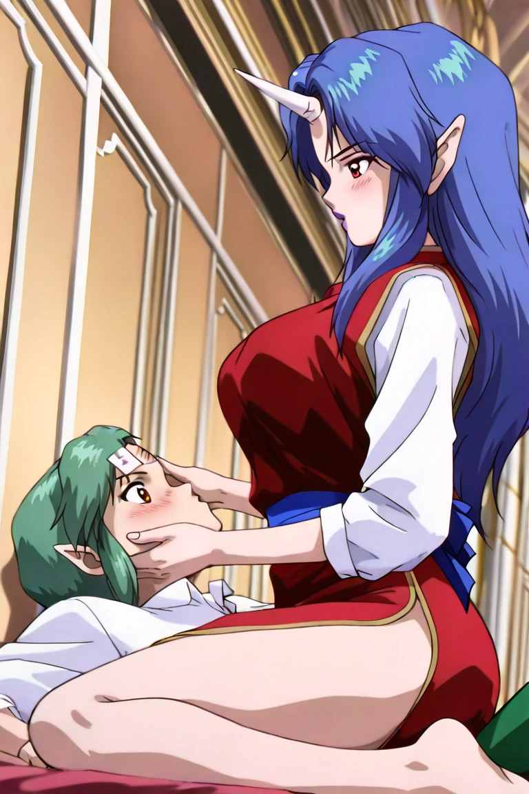 NSFW, masterpiece, (best quality: 1.2), long hair, blue eyes, green hair, worns, big breasts, evil_smile, sexy, ((NUN)), red lipstick, ((seducing a boy: 1.5)), fishnet stocking, cum shot, woman being groped by a boy, ((vaginal))