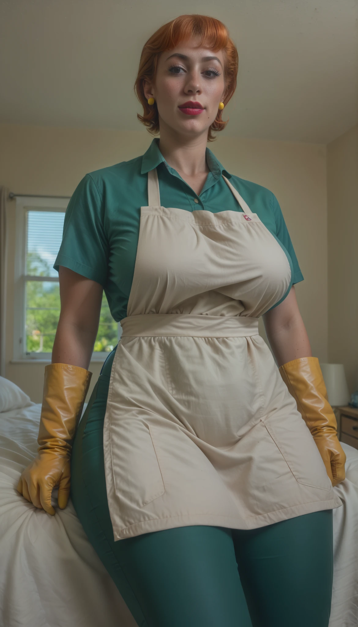 score_9,score_8_up,score_7_up,score_9,score_8_up,score_8,ultra detailed,beautiful face,detailed background,detailed face,4k,HD,8k,highres,antialiasing,detailed,texture BREAK dextermomSDXL,1girl,solo,looking at viewer,short hair,large breasts,gloves,thighs,red hair,dark green pants,orange hair,black eyes,apron,earrings,makeup,thick thighs,pale green shirt,lipstick,mature female,wide curvy hipss, voluptuous body, Curvy body, thicc woman,yellow gloves,room,room background,from below, dynamic angle, sitting on bed, legs crossed