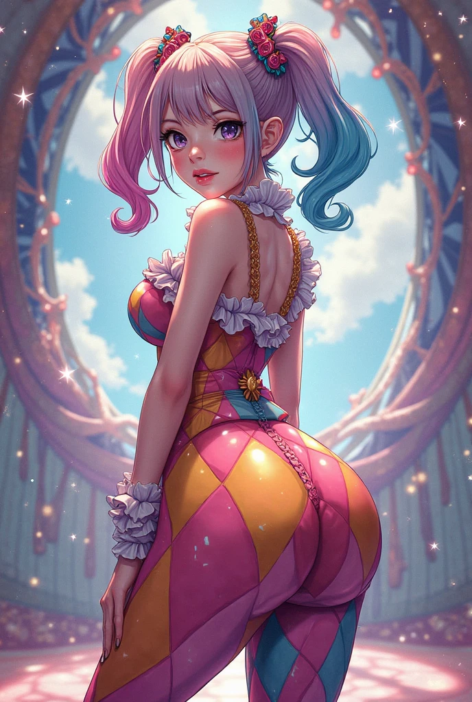 (masterpiece, best quality, cinematic, photorealistic, ultra-detailed), 1girl, thicc, (wide shot, from behind:1.5), (female clown:1.4), (wild and colorful wig with curls or straight strands in various shades), (a colorful, oversized, and polka-dotted blouse or bodysuit with puffed sleeves), (ruffled or frilly details around the collar and cuffs), (brightly colored suspenders or a rainbow-colored vest), (poofy and layered, knee-length or full-length skirt or pants in a bold, contrasting color), (striped or patterned leggings or tights to add extra flair), perfect hands, perfect face, (bursting breasts, large cleavage:1.4), round ass, (seductive pose), (brown eyes, detailed pupils, blushing, slightly parted lips, nude lips:1.2), (sensual pose), (gradient background:1.2)