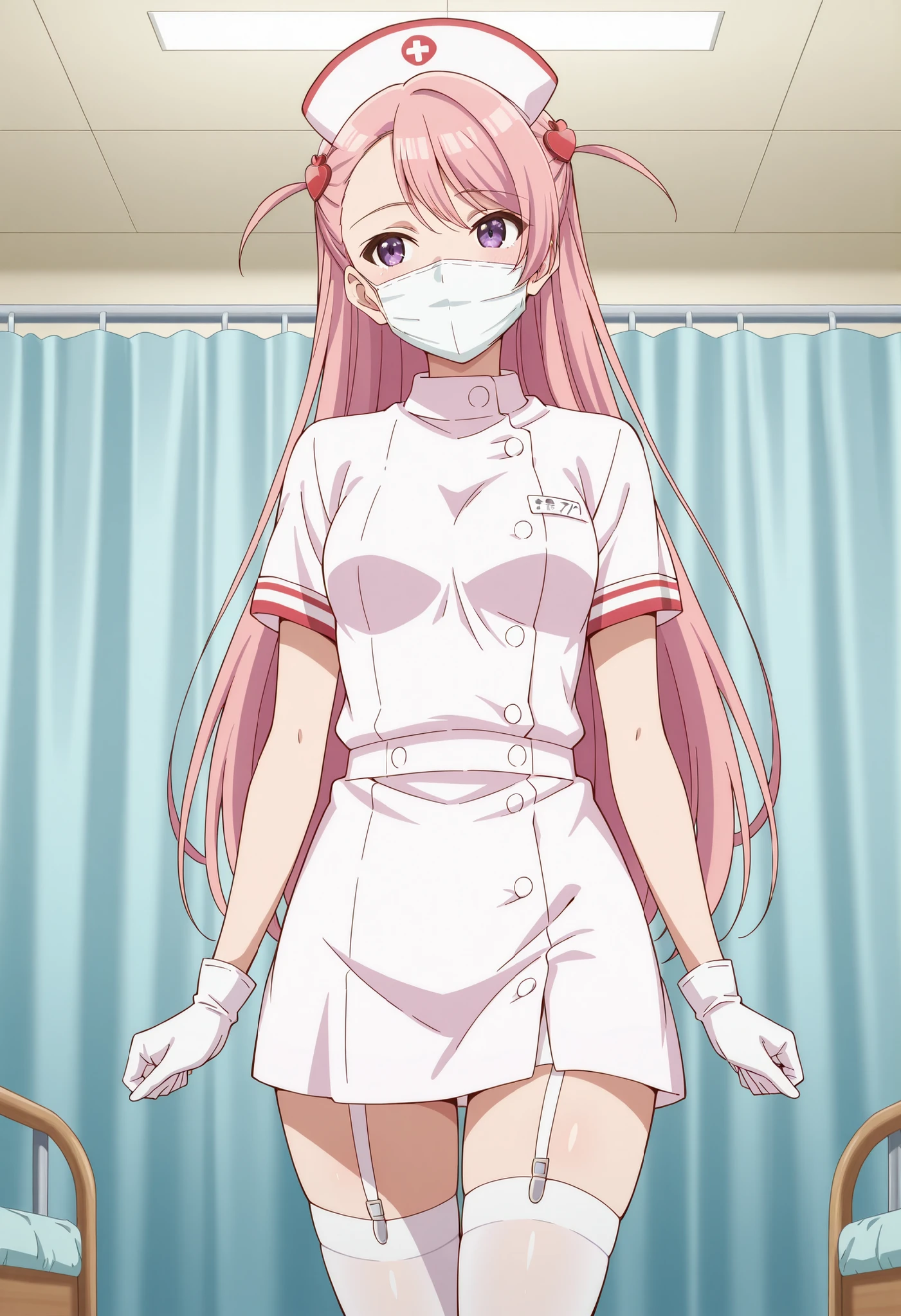 Score_9, score_8_up, score_7_up, source_anime, maho sakuramori (kurakon), solo, long hair, pink hair, hair ornament, asymmetrical bangs, purple eyes, small breasts, (best quality), (high quality), {masterpiece}, extremely delicate and beautiful, ultra-detailed, beautiful detailed eyes, nurse, nurse hat, ((white nurse's outfit)), white gloves, white thighhighs, hospital room, ((white mask, mouth mask, covered nose)), standing