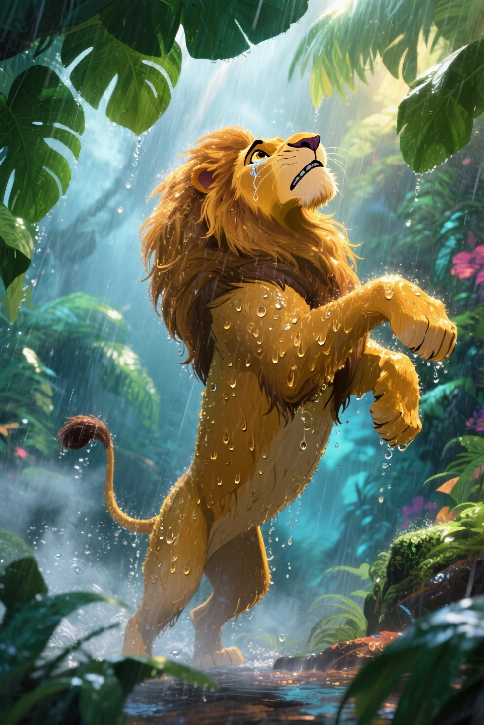 masterpiece, hyper-realistic, high detail, best image, A majestic golden lion with wet, flowing mane and wide, teary eyes filled with dramatic longing, rearing up powerfully under oversized lush green jungle leaves as rain pours fiercely, sunlight breaking through the canopy to create glowing reflections on its soaked fur and cascading droplets. The environment is vibrant, mystical, and stormy—detailed textures of wet foliage and swirling mist, colorful lighting with bold contrasts. Blend of cartoon and realism style, masterpiece illustration, cinematic perspective, in a dramatic and dynamic Disney animation meets photorealistic painting, intense emotional expression, dynamic rearing pose, 8k resolution.