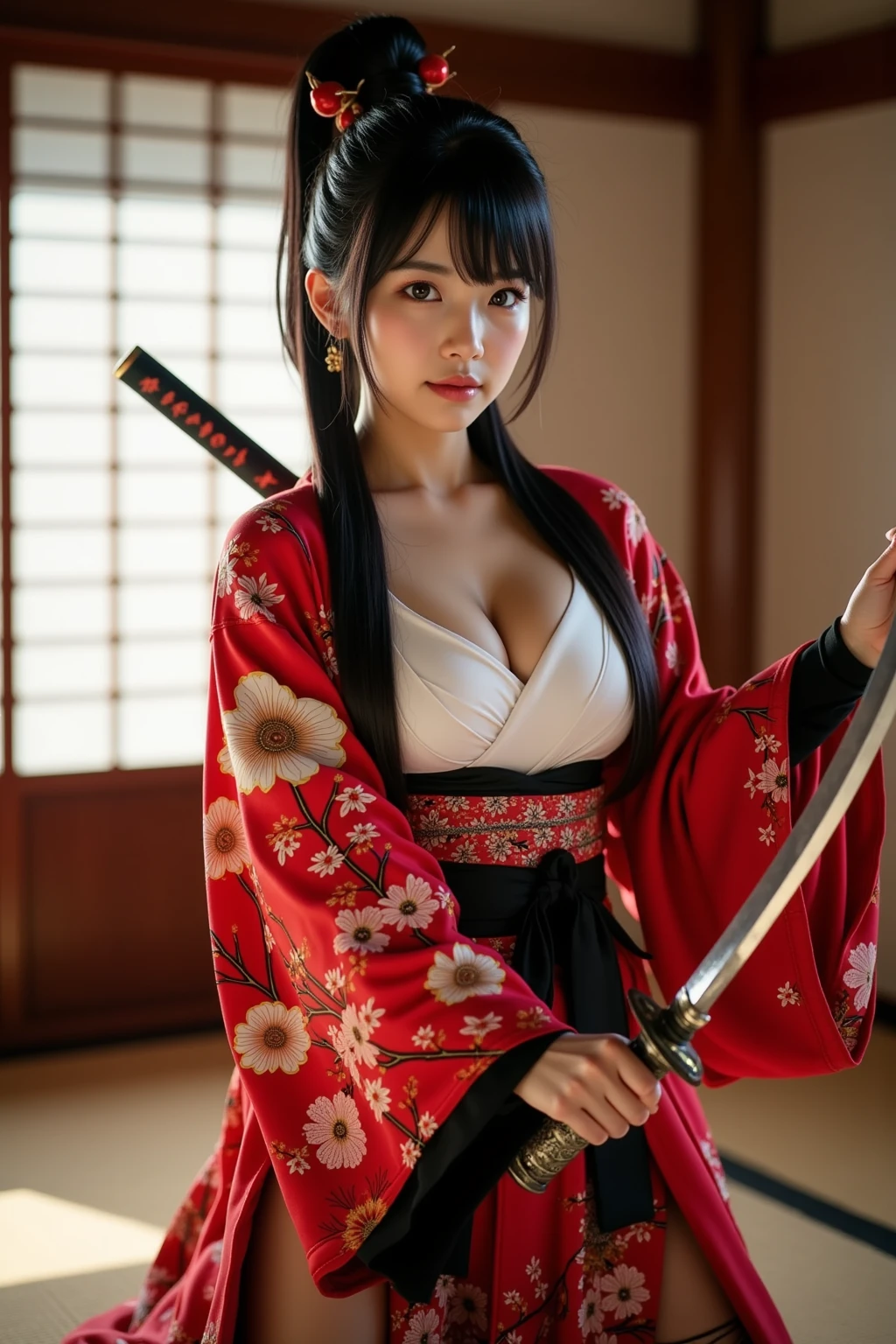 ((best quality, 8K, masterpiece)), ultra detailed, sharp focus, 1 beautiful samurai woman, ((kimono)), (cleavage), ((holding katana:1.4)), highly detailed face and skin texture, ((detailed eyes)), ((beautiful black eyes:1.2)), ((full body))