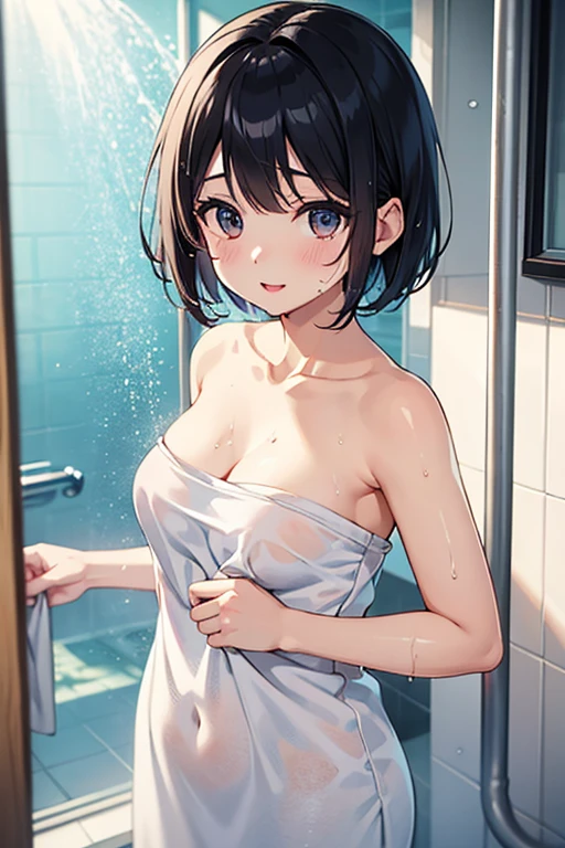 (masterpiece:2.0), (top-quality:2.0), (sitting naked in the hot spring:1.5), (white Tube top extremely short bath towel:1.5), (super sexypose:1.5), (look up from below:1.5), (blushed face:1.5), (hide crotch with hand:1.4), (hide chest with hand:1.4), (Spilling boobs:1.5), (realistic:1.5), under the boobs, side boob is visible, naked, 1 little girl, precise small hands, Embarrassed look, light smile, Look at me and smile, extremely cute girl, innocent face, young face, Clear eyes, Shining eyes, small breast, shoulder is visible, Tummy is visible, cleavage of the breast is visible, stomach is visible, the lower abdomen is visible, The buttocks is visible, The crotch is visible, No pubic hair, dynamic posing, The beautiful skin, ultra-definition, Top resolution, japan high school student, brown hair