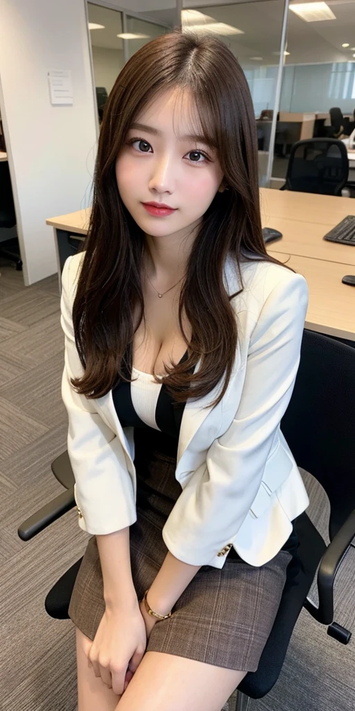Female doctor wearing a white coat、1men and women、(Smile:1.1)、Slim face、The most beautiful women in the world、Ultra detailed face、Detailed eyes、double eyelid、Kamimei、Perfect Teeth、Perfect Teeth並び、(Glowing Skin)、(Sunburned skin)、(Realistic Skin)、Blurred Background、Esbian all over、frontage、Slim face、Light-colored clothing、Sit in a chair in the exam room、From above、Plain white trousers、Beautiful Hair、I can see her cleavage、Full body pose、(Purelos Face_v1:0.8)、Small Face、smile、Sexy、Hide your hands,Spread your legs、