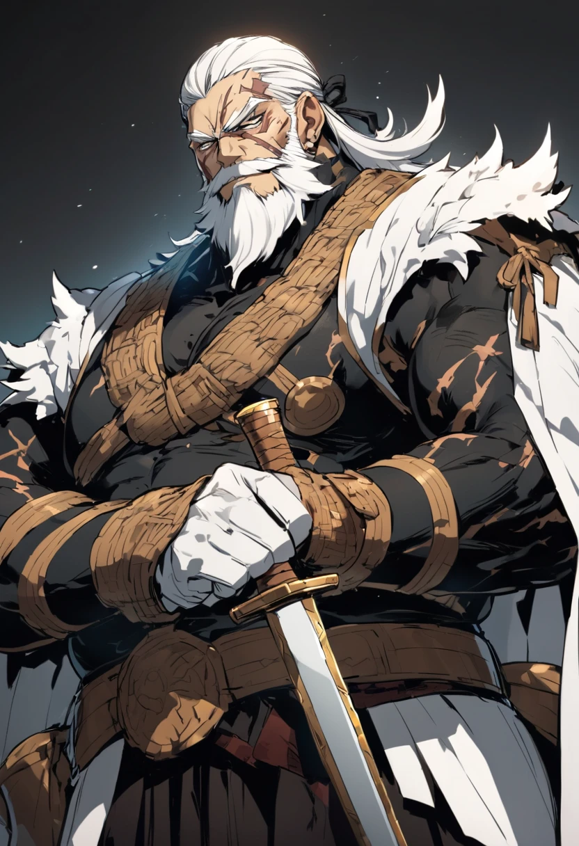 Best quality, (background_detail), high_contrast, detail_original_illustration, warrior, muscular, villain_face, armor, full_body, holding_sword, medieval, deep_wrinkles_on_eyebrows, middle_aged_man, dark_stitch_landscape, (dramatic_lighting:1. 25), (shaded_background:1.2), (gray_back hair:1.) (Short well-groomed beard_beard:1.3), Large figure, Delicate face, Evil smile, Sharp eyes, Black background, (Black background:1. 5) Beautiful line drawing, Black and white