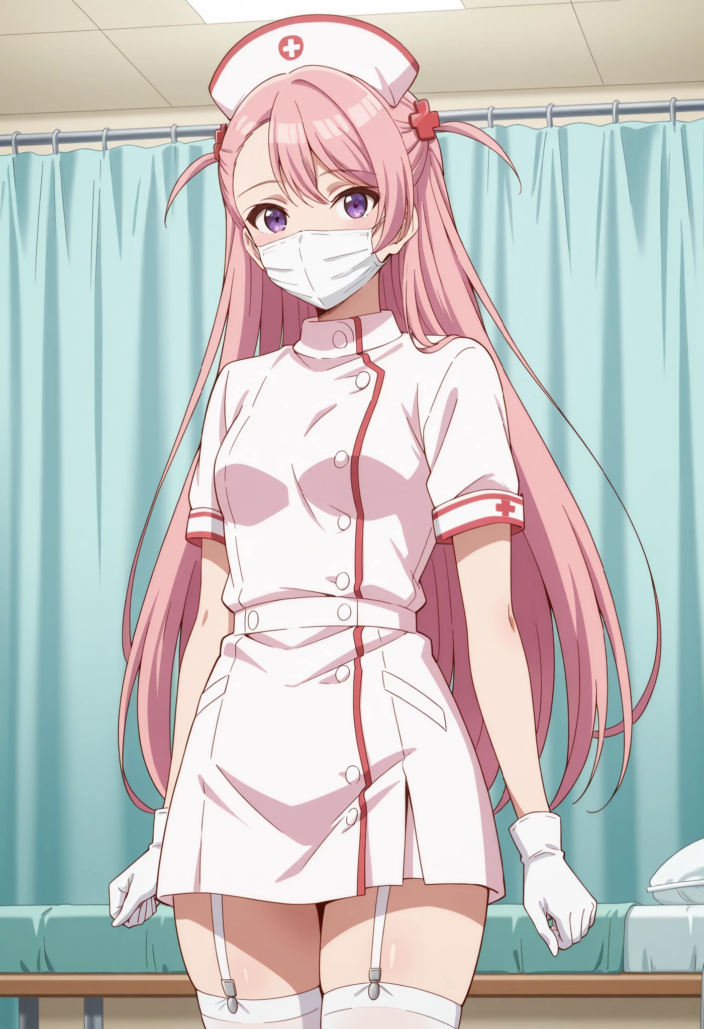 Score_9, score_8_up, score_7_up, source_anime, maho sakuramori (kurakon), solo, long hair, pink hair, hair ornament, asymmetrical bangs, purple eyes, small breasts, (best quality), (high quality), {masterpiece}, extremely delicate and beautiful, ultra-detailed, beautiful detailed eyes, nurse, nurse hat, ((white nurse's outfit)), white gloves, white thighhighs, hospital room, ((white mask, mouth mask, covered nose)), standing