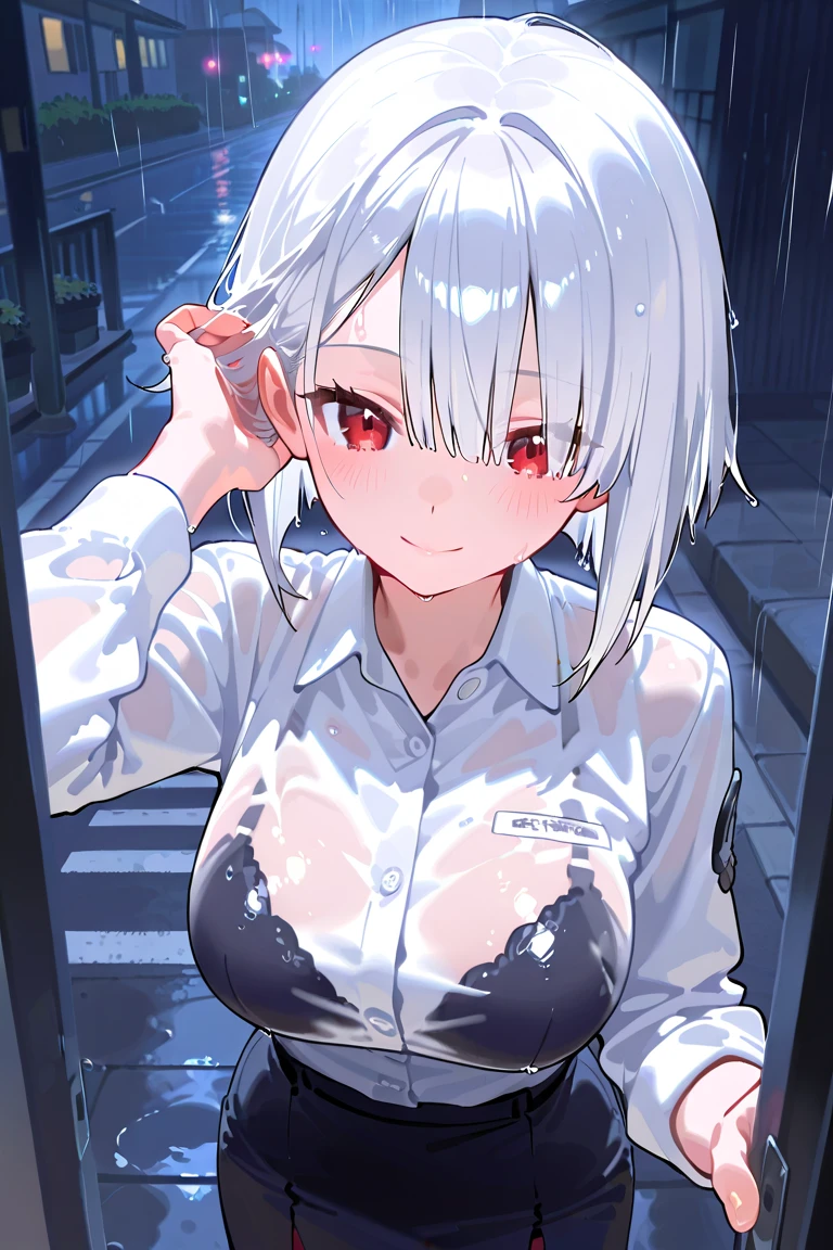 1 girl, megami magazine, white hair, short hair, (see through:1.3) , black bra, crowds, city